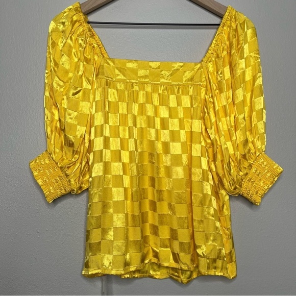 NEW Jen's Pirate Booty Top XS Yellow Checkered Square Neck Satin Feminine Legacy - Picture 2 of 6